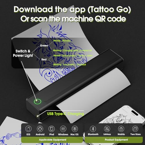 Tattoo Printer Kit - Tattoo Stencil Printer Machine with 6 Strokes 2.5-4.8mm Tattoo Gun, 1600mAh Power Supply, 20Pcs Tattoo Cartridge Needles for Beginners and Artists