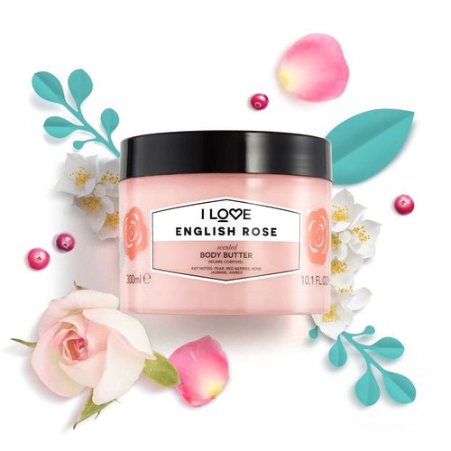 I Love English Rose Scented Body Butter - Hydrating Body Butter for Dry Skin - Vitamin E and Aloe Vera - Shea Butter and Coconut Oil - 10.1 oz (Pack of 3)