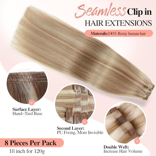 Invisable Edge Clip in Hair Extensions Real Human Hair 120G Mixed Bleach Blonde Hair Extensions 18 Inch PU Clip Ins 8PCS Straight Highlight Blonde Clip in Extensions for Women(18/613#)
