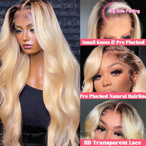 Smavida Pre Plucked Lace Front Wigs - 13x4 HD Ultra-thin Invisible Lace Front Wigs for Black Women, Dark Roots Ombre Blonde Human Hair Wigs Body Wave Melted Hairline