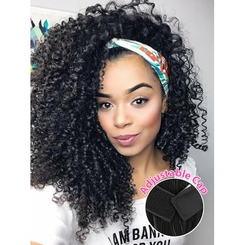 V SHOW Glueless Curly Headband Wig Human Hair 180% Density Thick Throw & Go Kinky Curly Headband Wigs for Women 16 Inch None Lace Front Wigs Wear and Go Glueless Human Hair Wigs