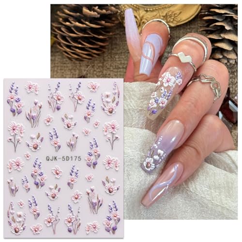 JMEOWIO 3D Embossed Flower Nail Art Stickers Decals Self-Adhesive 5D Spring Summer Floral Nail Supplies Nail Art Design Decoration Accessories 4 Sheets