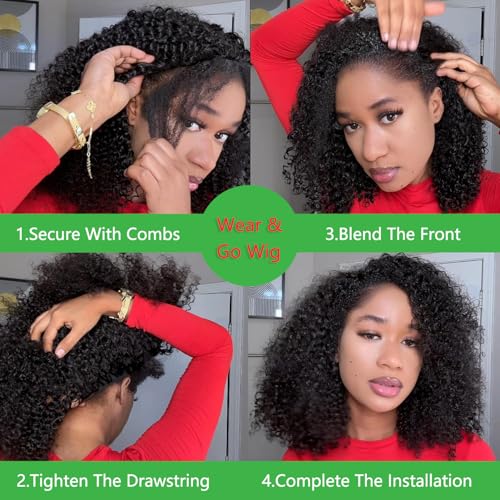 ZIYU Half Wig Human Hair - 200% Density Curly Half Wig 3 In 1 Wear Go Glueless Wigs 16 Inch Drawstring Seamless Kinky Curly Flip Over Headband Wig Human Hair Beginner Friendly