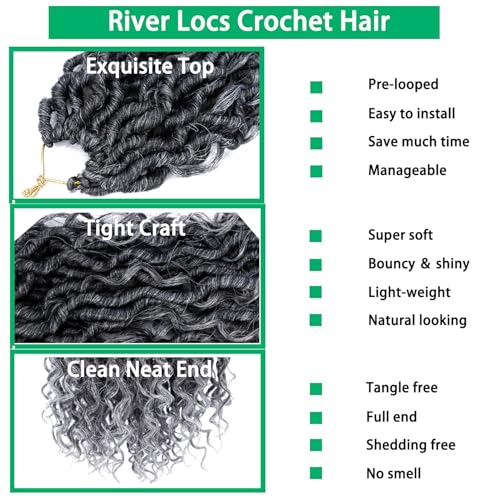 Faux Locs Crochet Hair 14 Inch Goddess Locs Ombre Grey Crochet Hair for Women 6 Packs Gray Soft River Curly Pre Looped Braids with Curly Ends Boho Hippie Synthetic Hair Extensions, 1b/grey