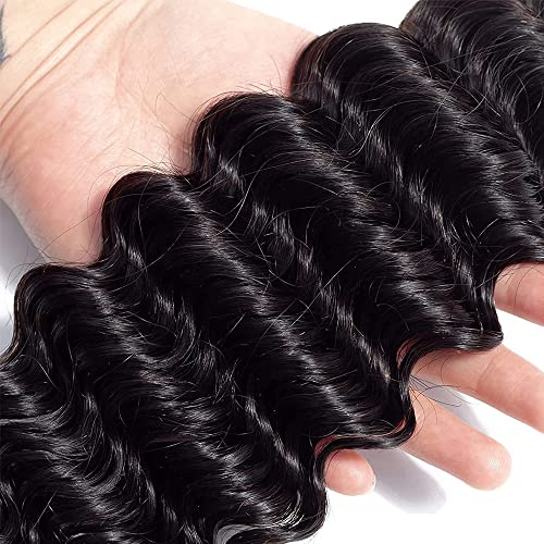 1B Natural Black Deep Wave Human Hair Bundles Unprocessed Brazilian Virgin 3 Bundles 26 28 30 Inch Black Deep Curly Bundle Human Hair Extensions 50 Gram Per Bundle