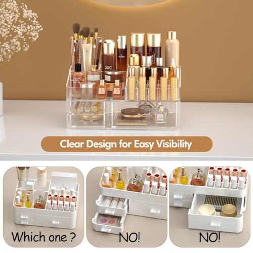 Makeup Organizer for Vanity, Acrylic Large Desk Organizer with Drawers, Ideal Vanity Holder for Cosmetics, Lipsticks, Nail Polish, Skincare, Countertop, Bathroom, Dresser