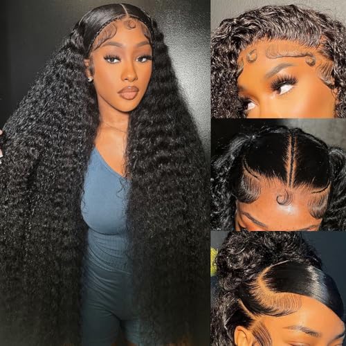 200% Density 30 Inch 13x6 Deep Wave Lace Front Wigs Human Hair Curly HD Lace Front Human Hair Wig Pre Plucked 100% Real Human Hair No Synthetic Blend No Tangle No Shedding Triple Lifespan 3X
