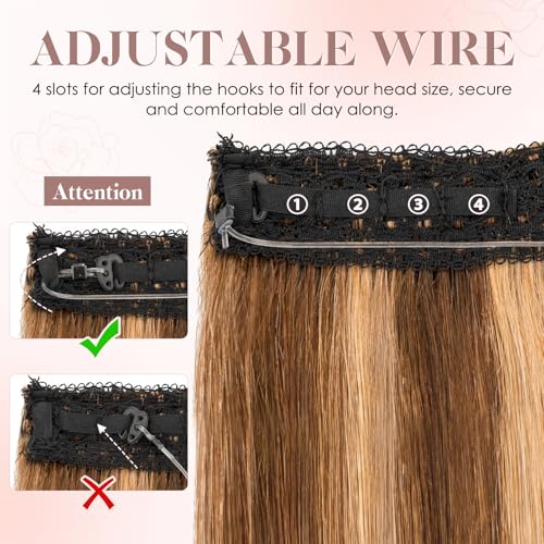 S-noilite Halo Hair Extension Invisible Wire in Real Remy Human Hair Extensions with Clips Adjustable Hidden Wire in Hair Extension for Women 16 inch Medium Brown Highlighted Honey Blonde