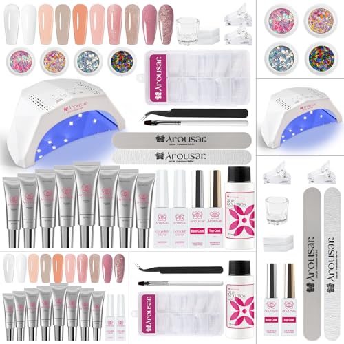 Poly Nail Gel Kit, 8 Colors Nail Extension Gel, White Nude Pink Glitter Builder Nail Gel with 2 Gel Polish, Base and Top Coat, Slip Solution, Nail Lamp DIY Salon at Home for Women