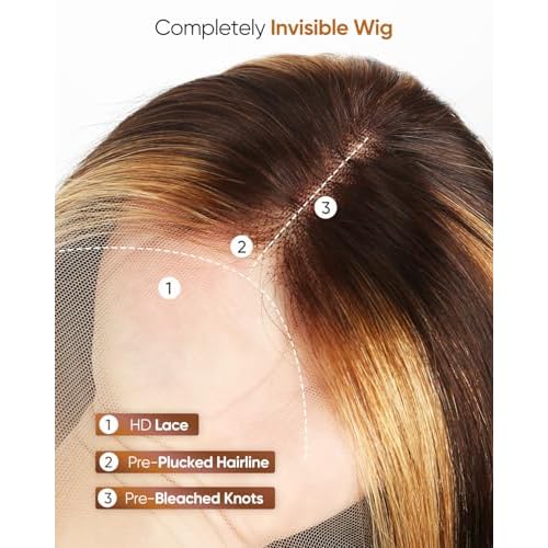 CLong Highlight Ombre Lace Front Wig Human Hair, 13x4 Straight 4/27 Honey Blonde HD Lace Front Wig Pre Plucked 200% Density Colored Lace Front Wigs for Black Women 26Inch