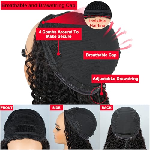 Kinky Curly Half Wig Human Hair 200% Density Curly 3 In 1 Half Wig Seamless Drawstring Wear Go Glueless Wigs Human Hair for Women Headband Wig Beginner Friendly