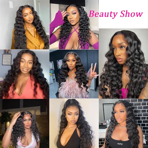 Human Hair Bundles with Closure Loose Deep Wave Bundles with Closure 20 22 24+18 Inch Long Brazilian Wavy Human Hair Extensions Natural Black Color for Women