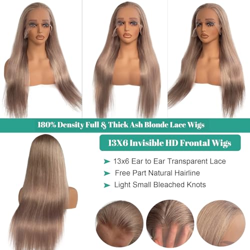 Munx Glueless Wig Human Hair, 13x6 HD Lace Front Straight Wigs for Black Women Ash Blonde Colored Pre-Bleached Invisible Knots Frontal Wig 24in Thick 180% Density Real Human Hair Wigs