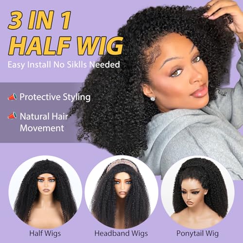 V SHOW Afro Curly 3 In 1 Half Wig Human Hair Elastic Drawstring Wear Go Glueless Kinky Curly Human Hair Half Wigs Friendly To Beginners 180% Density Natural Hairline Flip Over Wig 16Inch
