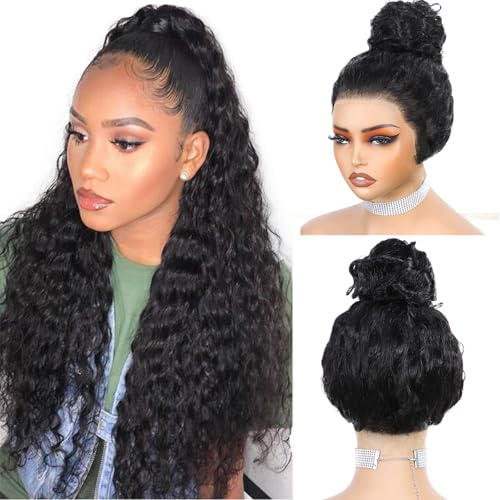 Hidden Strap 360 Drawstring Full Lace Front Wigs Human Hair Pre Plucked 200 Density Deep Wave 360 Invisible Drawstring Glueless Wet And Wavy HD Lace Front Wig Human Hair For Black Women 16 Inch