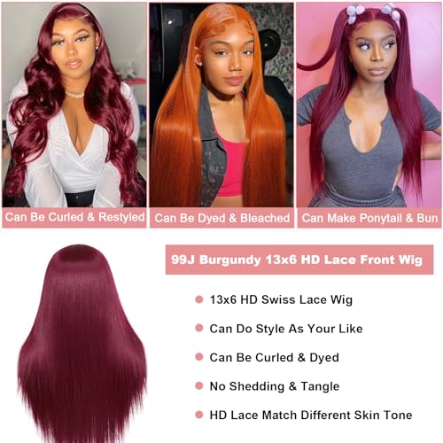 LICHANG 30 Inch 99J Straight Lace Front Wigs Human Hair Red Colored Wig Pre Plucked with Baby Hair for Black Women, 13x6 Burgundy Lace Frontal Wig Brazilian Virgin Human Hair Glueless