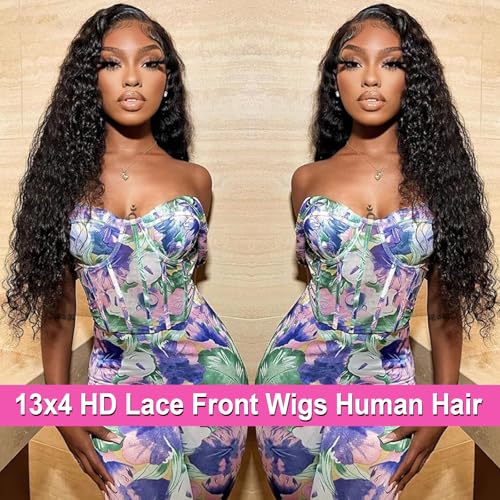 26 Inch Deep Wave Human Hair Lace Front Wig for Women 13x4 HD Transparent Lace Frontal, 180% Density Glueless, Pre - Plucked with Baby Hair in Natural Color