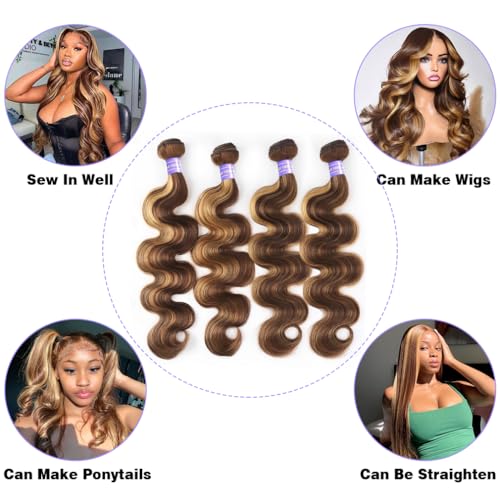 Perstar Highlight Human Hair Bundles Honey Blonde Body Wave 4 Bundles 18 20 22 24 Inches 100% Brazilian Virgin Hair Ombre 4/27 for Women Colored Human Hair Sew In Weave