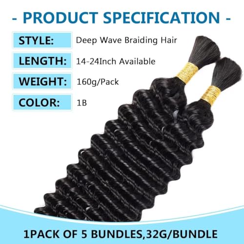 160g 5 Bundles 613 Blonde Human Braiding Hair Deep Water Wave Bulk 20 Inch Curly Human Hair for Boho Braids Hair Extensions No Weft 5 Braids Per Pack