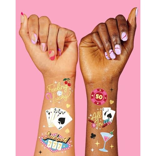 xo, Fetti Casino Temporary Tattoos - 50 Gold Foil | Bachelorette Decorations, Birthday Accessory, Las Vegas Bach Theme Favor, Game Night Bday Gift, Feeling Lucky Dice Decor, Girls Poker Party