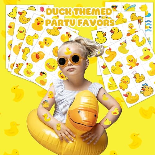 96 PCS Rubber Duck Pre-Cut Temporary Tattoos Themed Birthday Party Decorations Supplies Favors Decor Little Yellow Ducky Tattoo Stickers Gifts For Game Boys Girls Classroom School Prizes