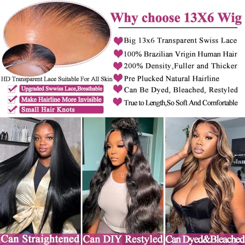 20Inch 13x6 HD Lace Front Wigs Human Hair 200% Density Body Wave Lace Front Wigs Human Hair Lace Front Wigs for Women Glueless Body Wave Wigs Human Hair Pre Plucked with Baby Hair Natural Black