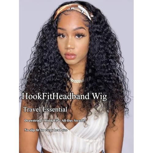 UNICE HookFit Water Wave Headband Wig Human Hair with Drawstring No-Slip Glueless Headband Half Human Hair Wig 150% Density Natural Black 20 inch
