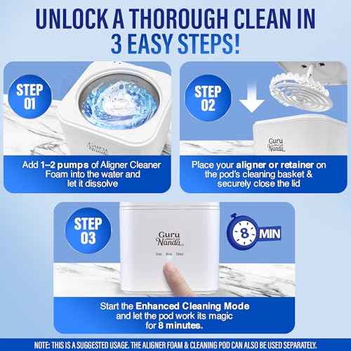 GuruNanda Retainer Cleaner Set ? Ultrasonic & UV Cleaning Pod & Aligner Cleaning Foam, Deep Clean & Odor Neutralization for Retainers, Aligners, Dentures & Mouthguards