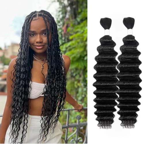 Human Braiding Hair Deep Wave Bulk Human Hair for Braiding Bohemian Knotless 2 Bundles 100g 18Inch No Weft 10A Brazilian Virgin Human Hair Extensions Curly Bulk Human Hair for Boho Braids