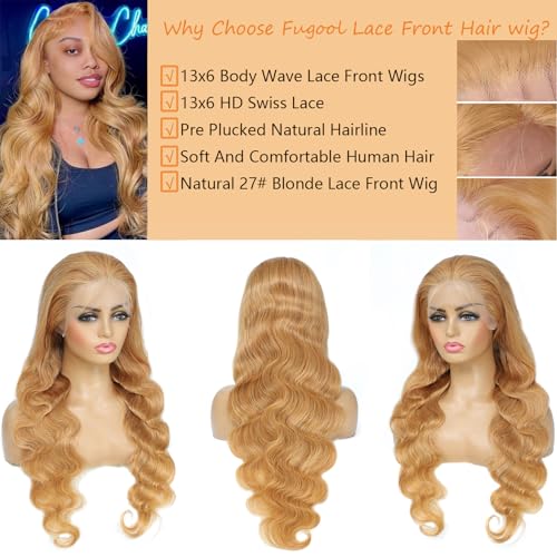 Honey Blonde Wig Human Hair 13x6 Body Wave Hd Lace Front Wigs Human Hair Pre Plucked 27# Colored Blonde Lace Frontal Wig 180% Density Real Hair Wavy Human Lace Front Wigs For Black Women 32Inch