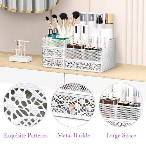 Lamesa Makeup Organizer for Vanity, Metal Makeup Organizers and Storage, Large Capacity Vanity Organizers for Cosmetics, Skincare, Desk Organizers with Drawers for Dresser Countertop(Large White)