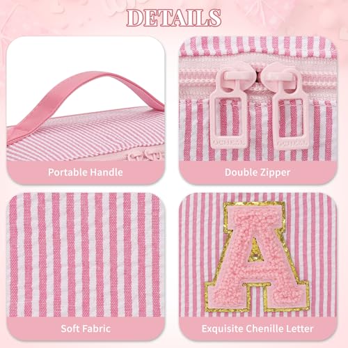 Travel Makeup Bag for Women, 2Pcs Portable Personalized Initial Makeup Organizer Bag, Open Flat Large Cosmetic Bag With Travel Essential Pouch (Pink Letter R)
