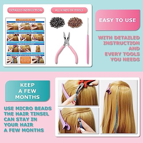 Pink Fairy Hair Tinsel Kit 48 Inches 1200 Strands with Tools and Instruction Easy to Install Glitter Tinsel Hair Extensions for Women and Girls£¬Shinny Sparkling Braiding Hair Accessories for Halloween Cosplay Party