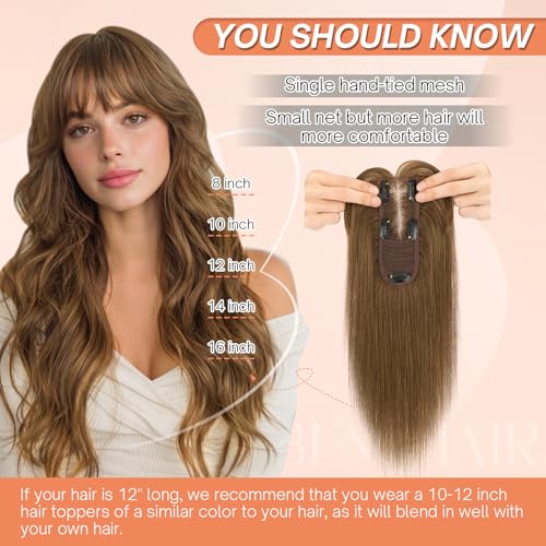 Benehair Hair Toppers for Women Real Human Hair 360¡Æ3D Clip in Bangs Toppers with Bang for Thinning 150% Density Hairpieces Long Coverage Wiglet for Daily Use #04 Medium Brown 14Inch
