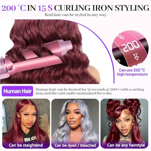 26 Inch 99J Burgundy Lace Front Wigs Human Hair Pre Plucked 200% Density Body Wave Lace Front Wigs Human Hair Red Wig HD Transparent Full Frontal 13x6 Glueless Colored Natural Wig For Woman