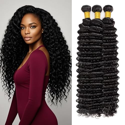 12A Human Hair Bundles 16 18 20 Inch Deep Wave Bundles Human Hair 100% Unprocessed Brazilian Virgin Deep Curly Weave 3 Bundle Water Wavy Hair Extensions Real Human Hair 1B Bundle for Women