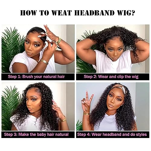 Long Human Hair Headband Wig Curly Headband Wig Deep Wave Wear and Go Glueless None Lace Human Hair Wigs Natural Color(28 inches)