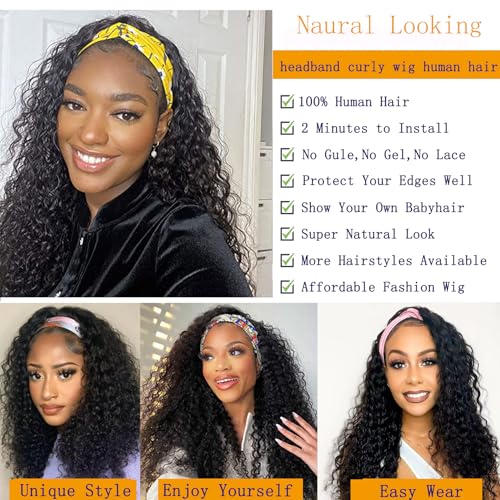 AEDNX Headband Wig Human Hair Curly Wigs for Black Women 26 inch Wigs Human Hair Glueless Wear and Go None Lace Front Wig Headband Wigs Machine Made 150% Density Natural Color
