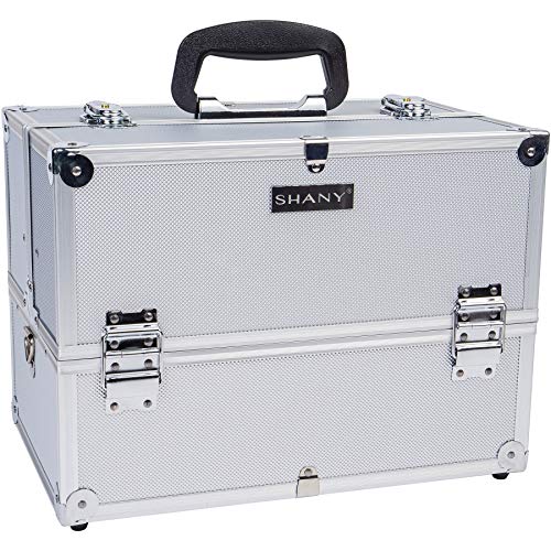 SHANY Essential Pro Makeup Train Case Cosmetic Box Portable Makeup Case Cosmetics Beauty Organizer Jewelry storage with Locks, Multi Compartments Makeup Box and Shoulder Strap - Silver