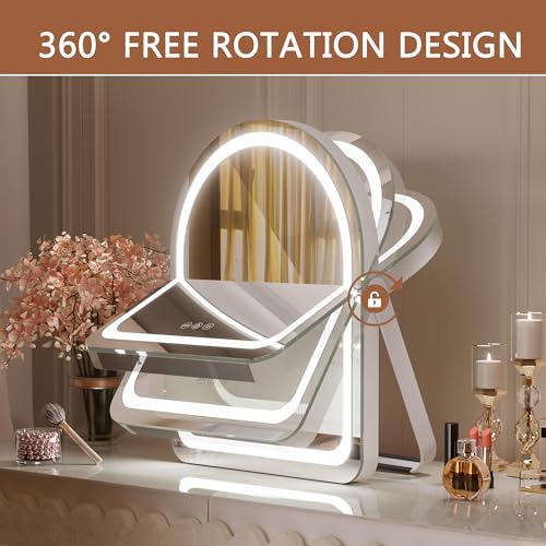 Hasipu Vanity Mirror with Lights, 11"¡¿ 14" Arched LED Makeup Mirror, Lighted Makeup Mirror with Lights, Smart Touch Control Dimmable 3 Modes Light 360¡ÆRotation White
