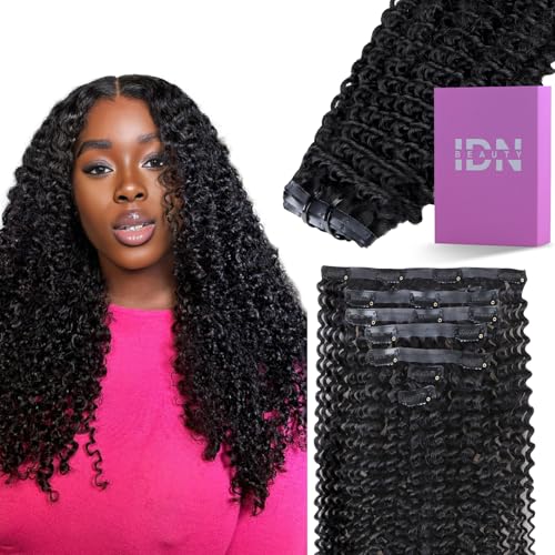 IDN BEAUTY Seamless Clip In Hair Extensions Human Hair, Kinky Curly 22 Inch 110g 7pcs Natural Black Seamless Curly Clip Ins Remy Human Hair Seamless Clip Ins For Black Women PU Weft Invisible Edge