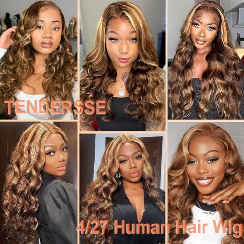 Ombre Highlight Lace Front Wigs Human Hair Honey Blonde 5x5 Pre Cut Lace Front Wigs Human Hair 5x5 HD Lace Closure Wigs For Women 4/27 Glueless Bouncy Body Wave Lace Frontal Wig 180 Density 28 Inch