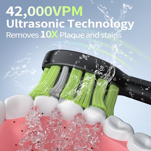 Sonic Electric Toothbrush for Adults: Deep Cleaning for Travel & Sensitive Teeth ? Rechargeable Toothbrush with 6 Brush Heads, 42000 VPM, 5 Modes, 100 Days Battery Life for for Home Family