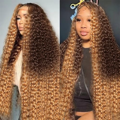 250% Density 13x6 Highlight Ombre Lace Front Wig Human Hair 13x6 HD Honey Blonde 4/27 Curly Wig Human Hair Pre Plucked For Black Woman Deep Wave Lace Front Wigs Human Hair Colored Wigs 22Inch New