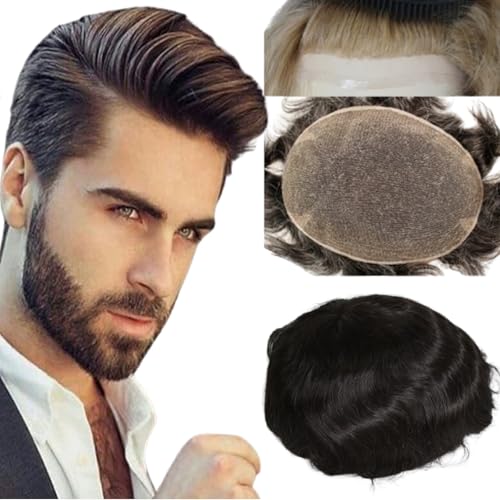 Swiss Full Lace Men's Toupee 100% European Virgin Human Hair 6" Straight Hair 120-130% Medium Density (Natural Black Color)
