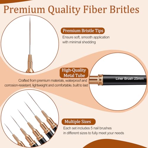 7PCS Metallic Nail Art Brushes Set, 7/9/11/15/25mm Liner Brush For Nails Gel, Super Fine Painting Art Design Pen for Long-Line Patterns, Detailed Outlines, Geometric Shapes (Black)