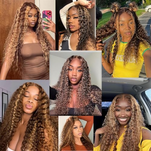 Highlight Bundles Human Hair with Closure (16 18 20 22+16inch) 10a Brazilian Deep Wave Human Hair 4 Bundles with 4x4 Closure 4/27 Color Ombre Brown Blonde