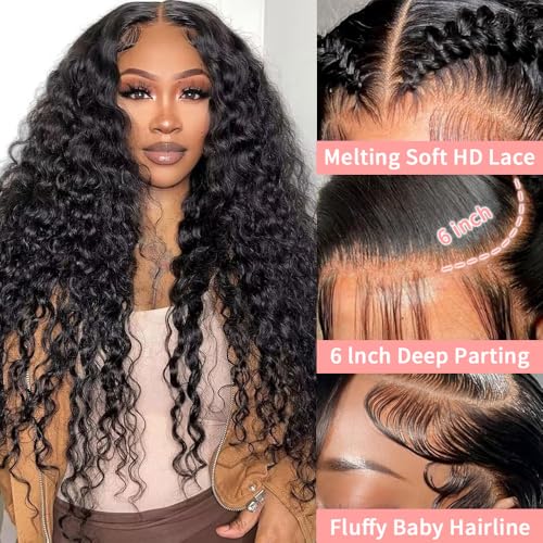 30 Inch Deep Wave Lace Front Wigs Human Hair 13x6 HD Lace 200 Density Frontal Glueless Wigs Human Hair Pre Plucked Deep Curly Wig with Baby Hair Natural Black