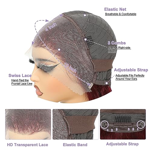 REMY HAIR 13x4 Lace Front Wigs 99J Burgundy Lace Front Wigs Pre Plucked Red Wig with Baby Hair, Straight Red Lace Front Wigs Human Hair for Black Women 150% Density (20 Inch)