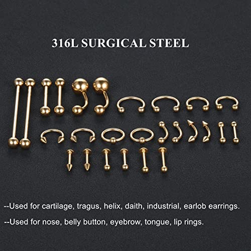 58PCS Body Piercing Kit Surgical Steel 14G 16G BCR CBR Labret Lip Rings Cartilage Daith Earrings Belly Button Rings Nose Septum Piercing Jewelry Needles Gloves Clamps Tools